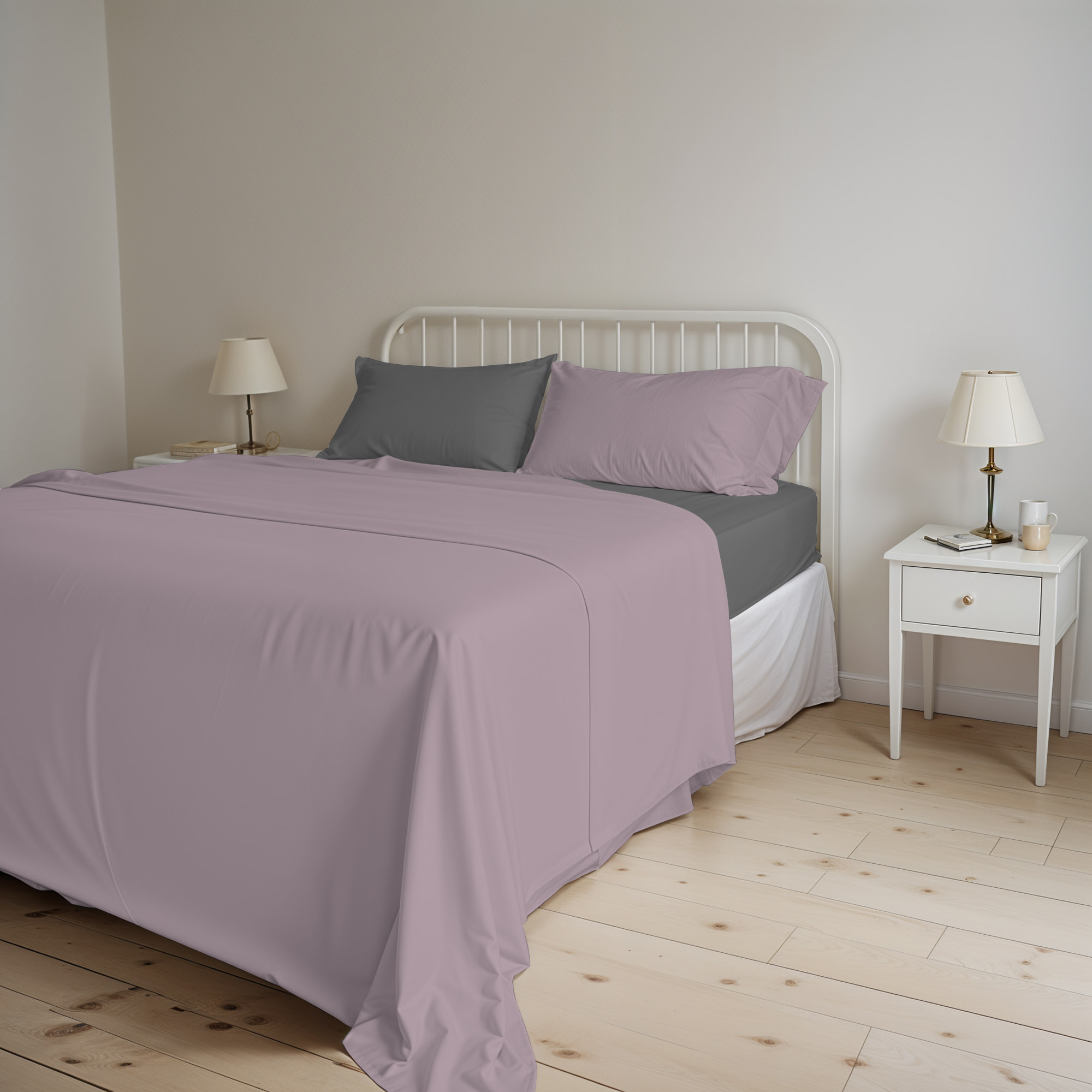 COMPLETO LETTO NATURAL COLOR, 100% Cotone, Made in Italy - ROSA ANTICO/FUMO