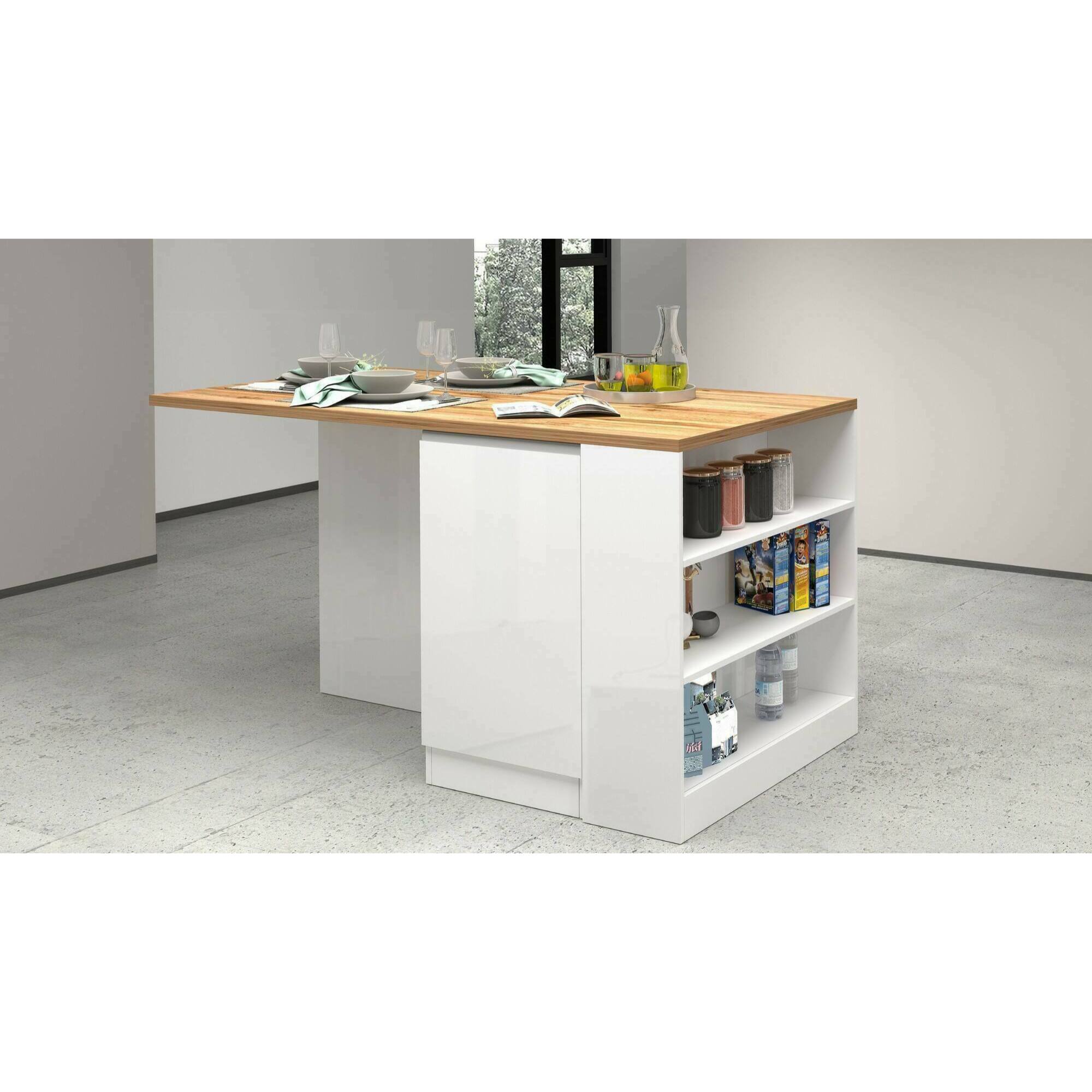 Isola da cucina Dcannaval, Tavolo ausiliario portaoggetti, Mobile da cucina a 2 ante, 100% Made in Italy, 160x90h90 cm, Bianco lucido e Rovere