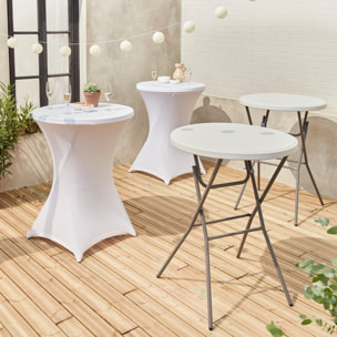 Lot de 2 tables hautes de réception – GALA – Mange debout. pliables. Ø80cm x 110cm +  2 housses en polyester. blanches