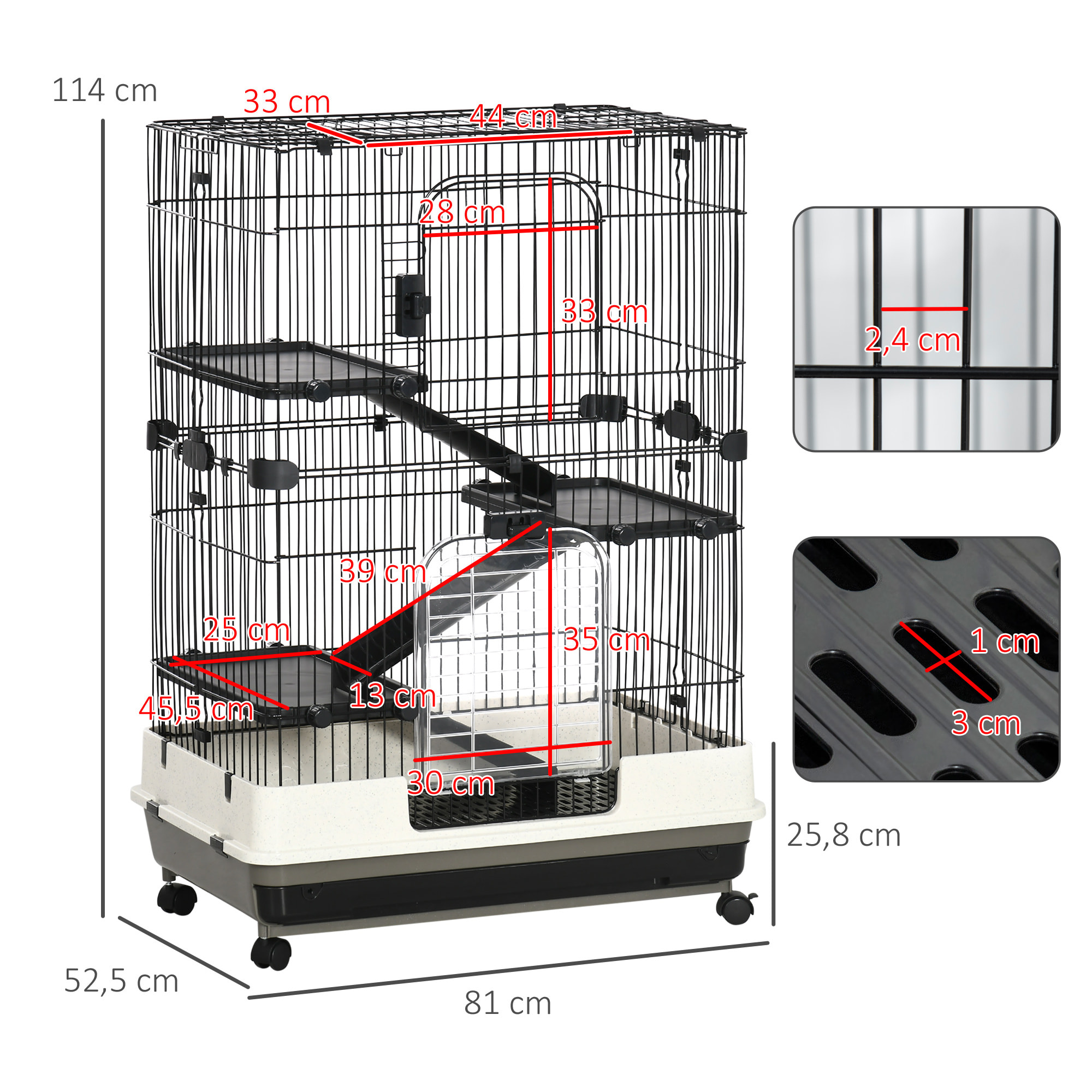 PawHut Cage pour cochons d'Inde chinchilla rongeur sur roulettes - 3 étages, rampes, 2 portes + trappe, plateau excrément amovible - métal PP noir gris