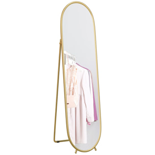 Grand miroir sur pied - miroir mural ovale avec support - dim. 40L x 160H cm - métal doré