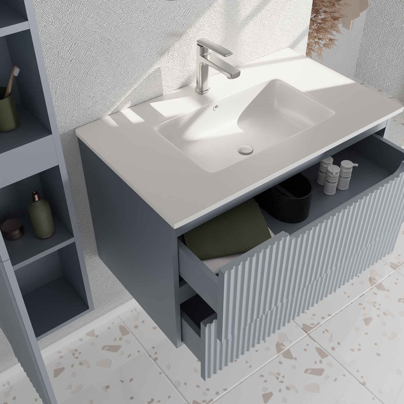 Meuble et colonne de Salle de Bains LEON 80cm Gris Souris - Façades Ondulées - Vasque Blanche Mate