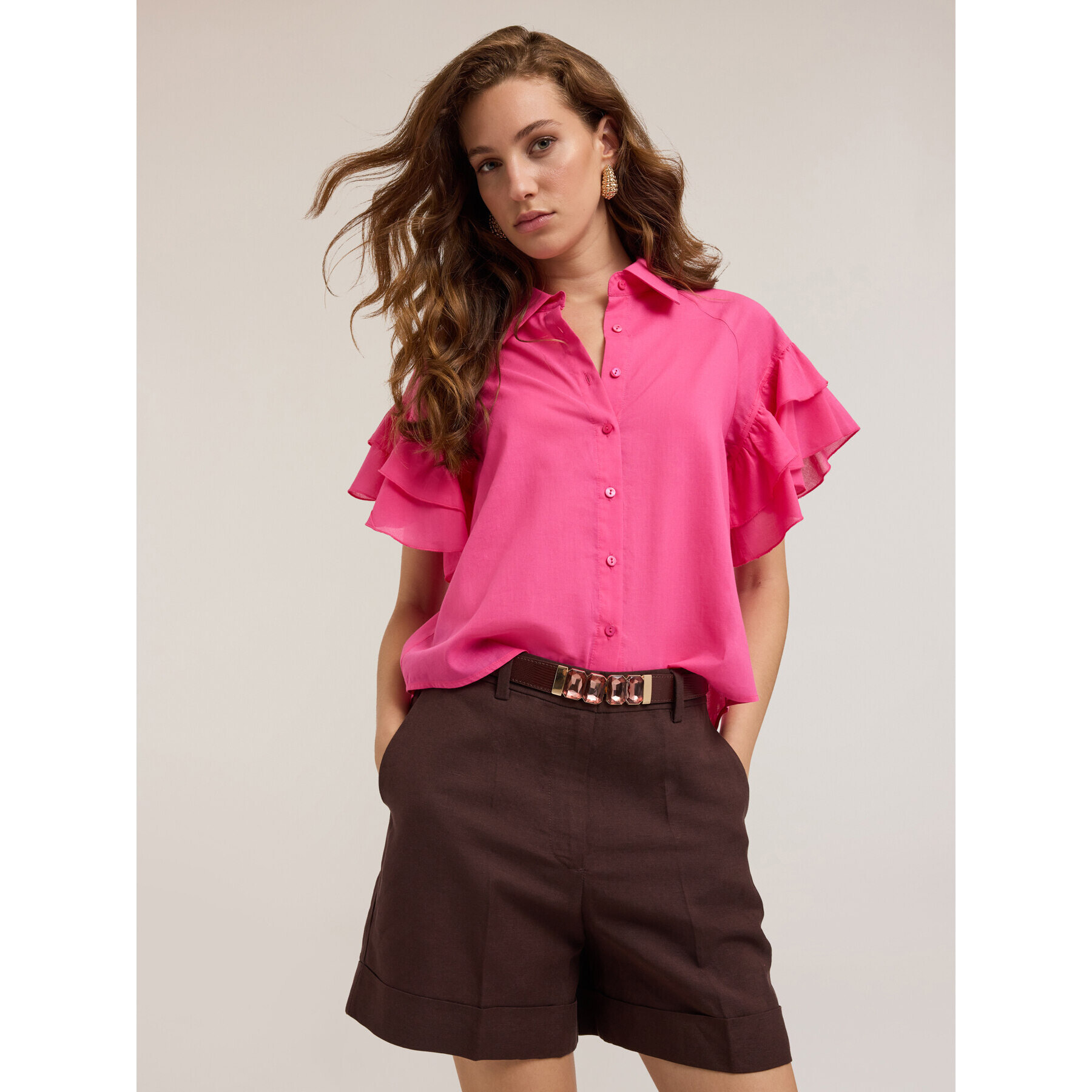 Motivi - Camicia con maniche volant - Fucsia