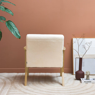 Fauteuil scandinave bois d'hévéa et tissu effet fausse fourrure blanc crème