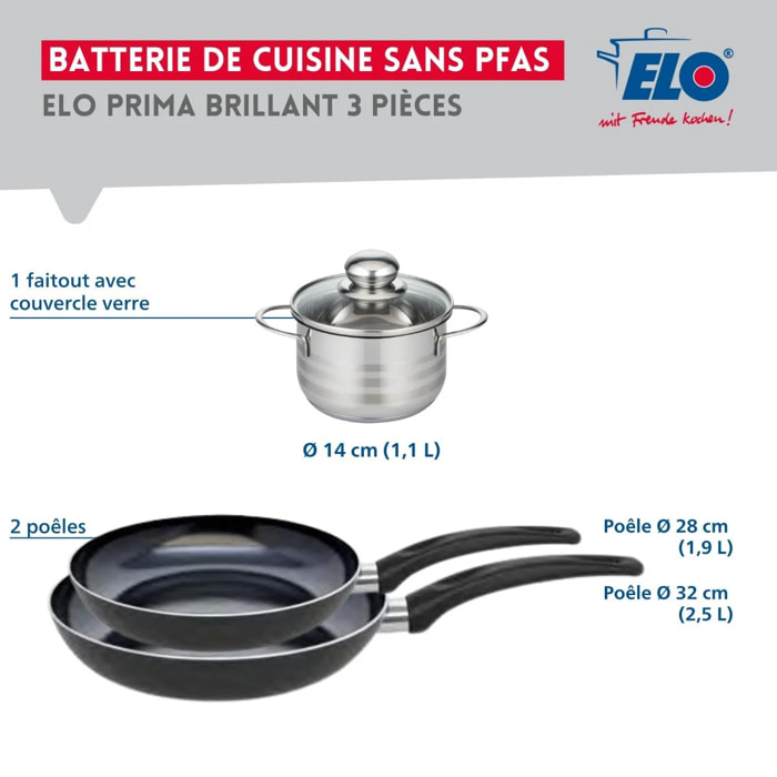 Ensemble de 2 Poêles de cuisson 28 et 32 cm et 1 faitout Elo Prima Brillant