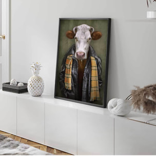 Affiche encadrée vache stylée avec veste et écharpe Affiche + cadre en métal - Noir