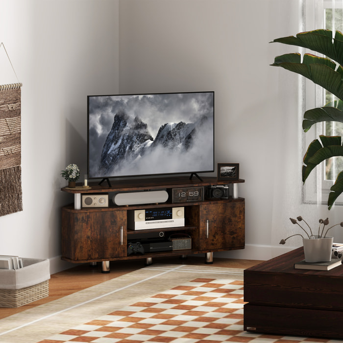 Meuble banc TV design contemporain 2 portes niche centrale étagère grand plateau chromé effet bois