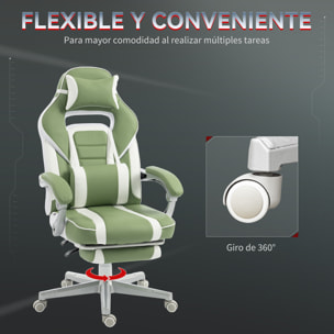 Silla Gaming, Silla Gamer Reclinable, con Altura Ajustable, Reposapiés Retráctil, Soporte Lumbar y Reposacabezas Desmontable, para Oficina, Estudio, Verde