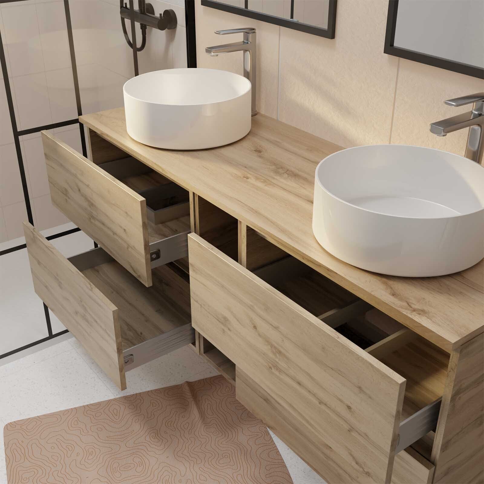 Meuble de Salle de Bains 140 TIMBER Décor Chêne 4 tiroirs et module - Vasques Blanches 36cm