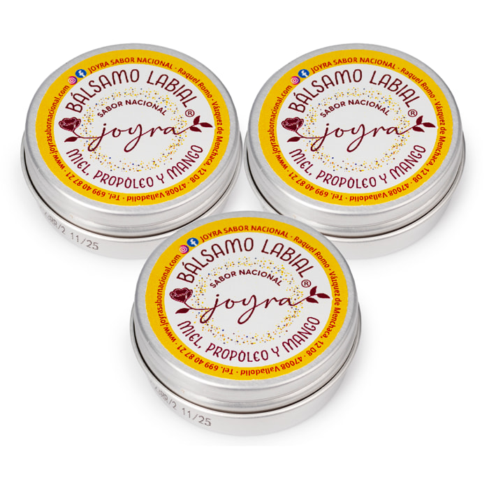 Pack de 3 Bálsamos labiales con miel y propóleo. Sabor a mango, 10gr.