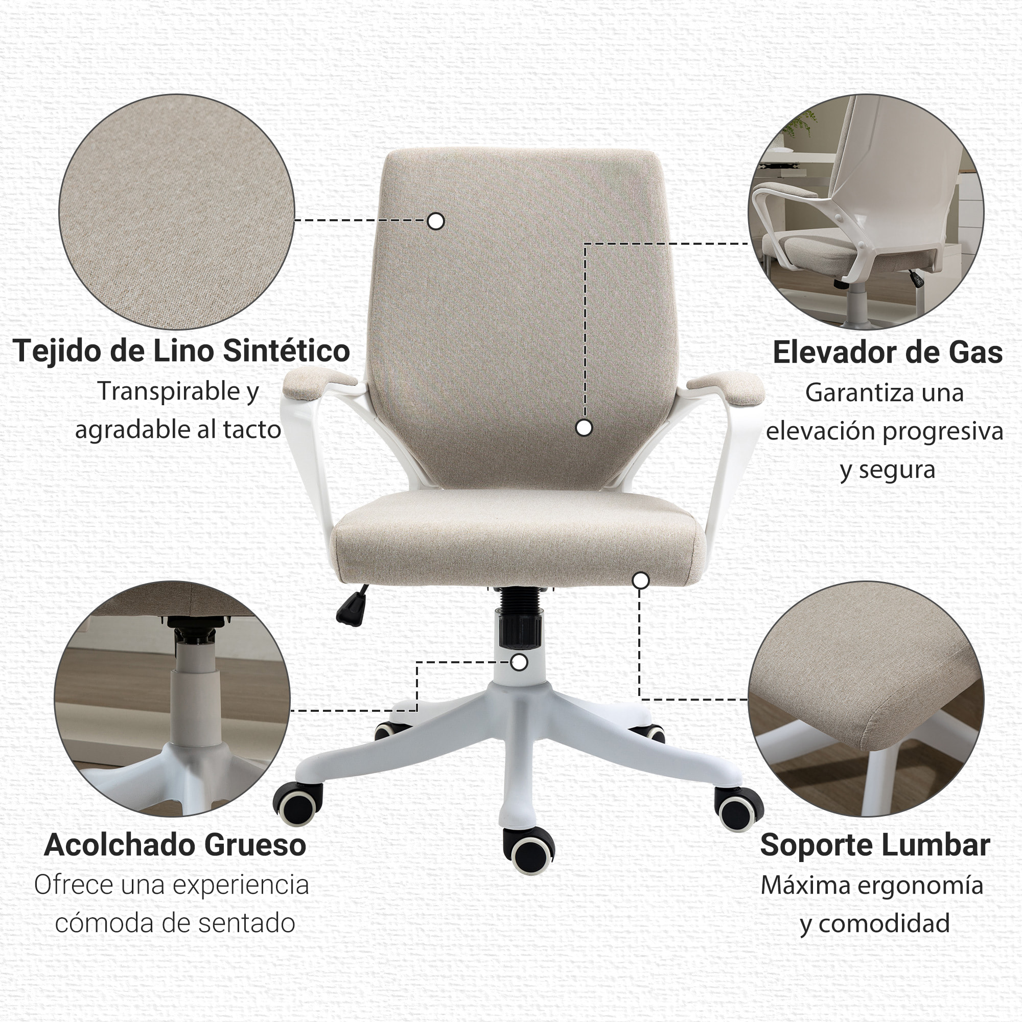 Silla de Oficina Giratoria Silla de Escritorio Basculante con Reposabrazos y Altura Ajustable para Dormitorio Salón Carga 120 kg 62x69x92-100 cm Beige