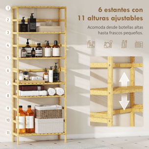 Estantería de Bambú de 6 Niveles, Estantería Almacenaje, Estantes Ajustables, Librería Estrecha para Espacios Pequeños, Baño, Sala de Estar y Cocina, 60x26x161 cm, Natural
