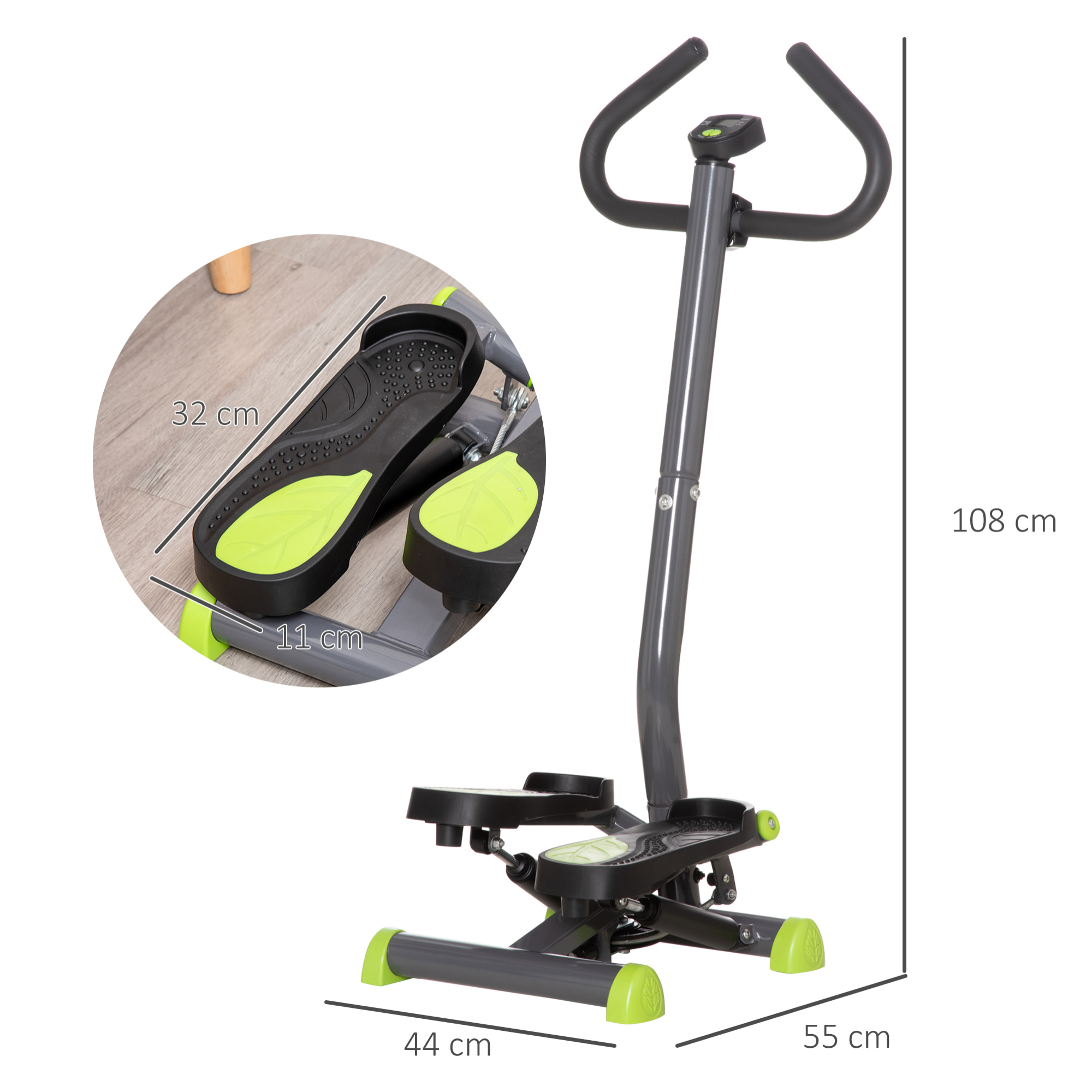 Máquina de Step Stepper Fitness en Casa para Escaleras con Pantalla LCD Manillar y Pedales Antideslizantes Equipo de Ejercicio para Gimnasio Oficina 55x44x108 cm Gris y Verde