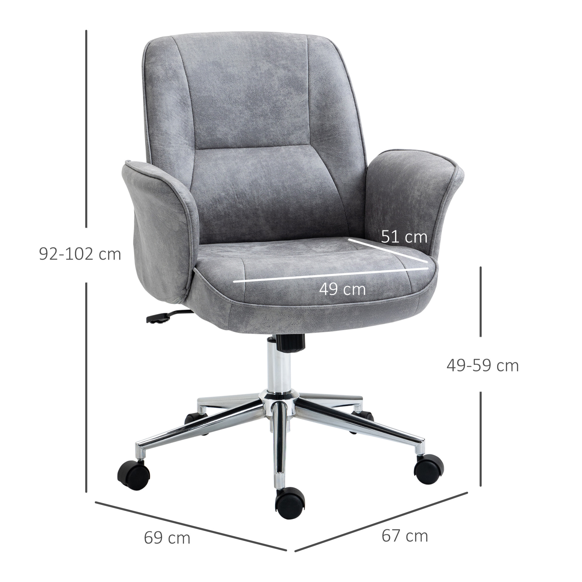 Vinsetto Silla de Oficina Ergonómica Silla Escritorio Giratoria y Ajustable en Altura con Asiento Reposabrazos y Respaldo Acolchados 67x69x92-102 cm Gris