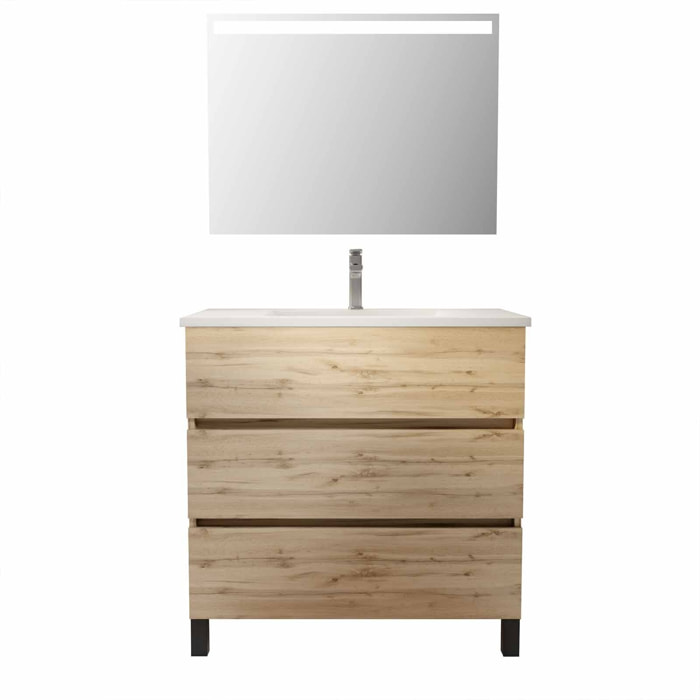 Pack Meuble SDB 80cm sur pieds 3 tiroirs Chene_Vasque blanche + Miroir Led - TIMBER 80_Pack46