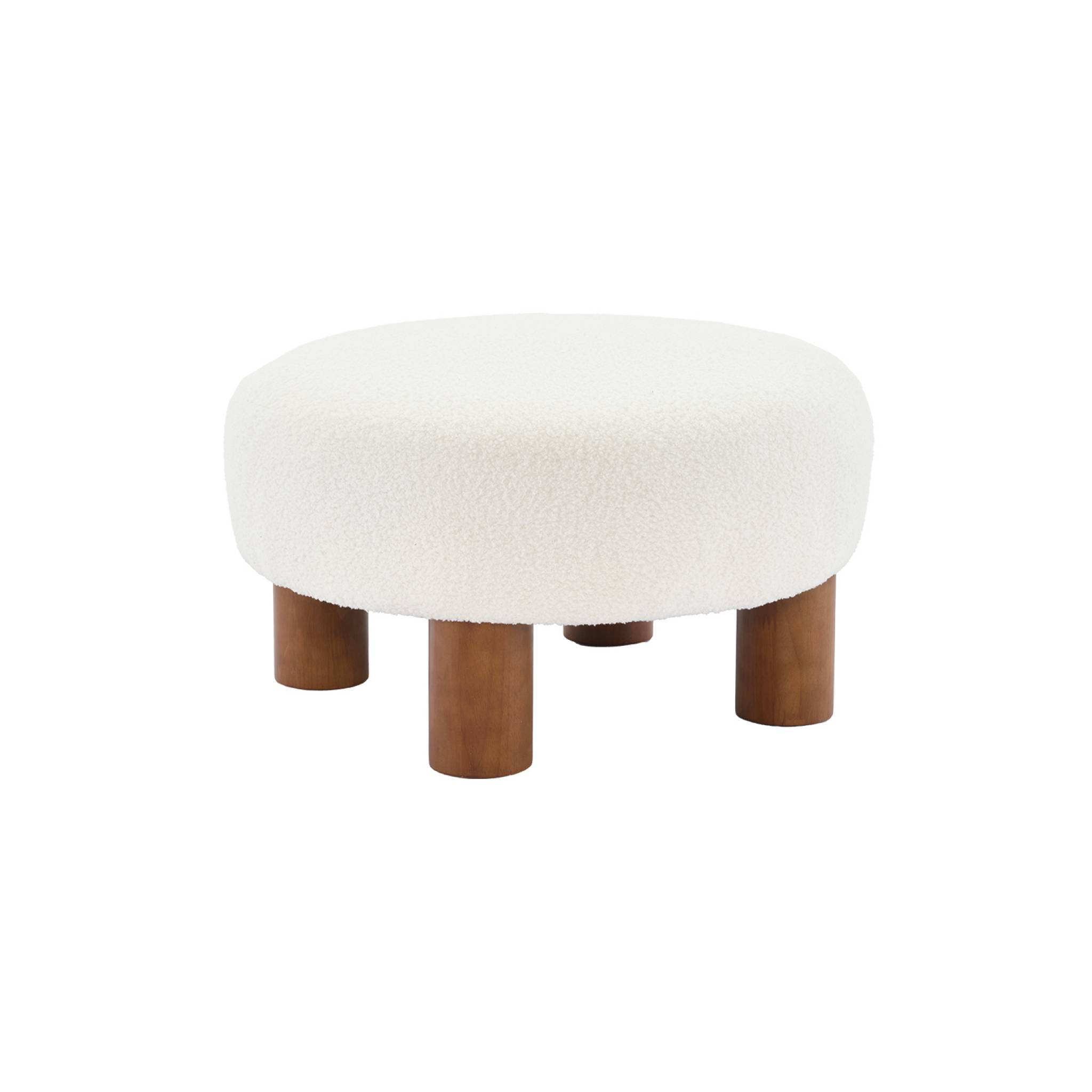 Tabouret pouf. pieds en bois d'hévéa et tissu bouclette. blanc