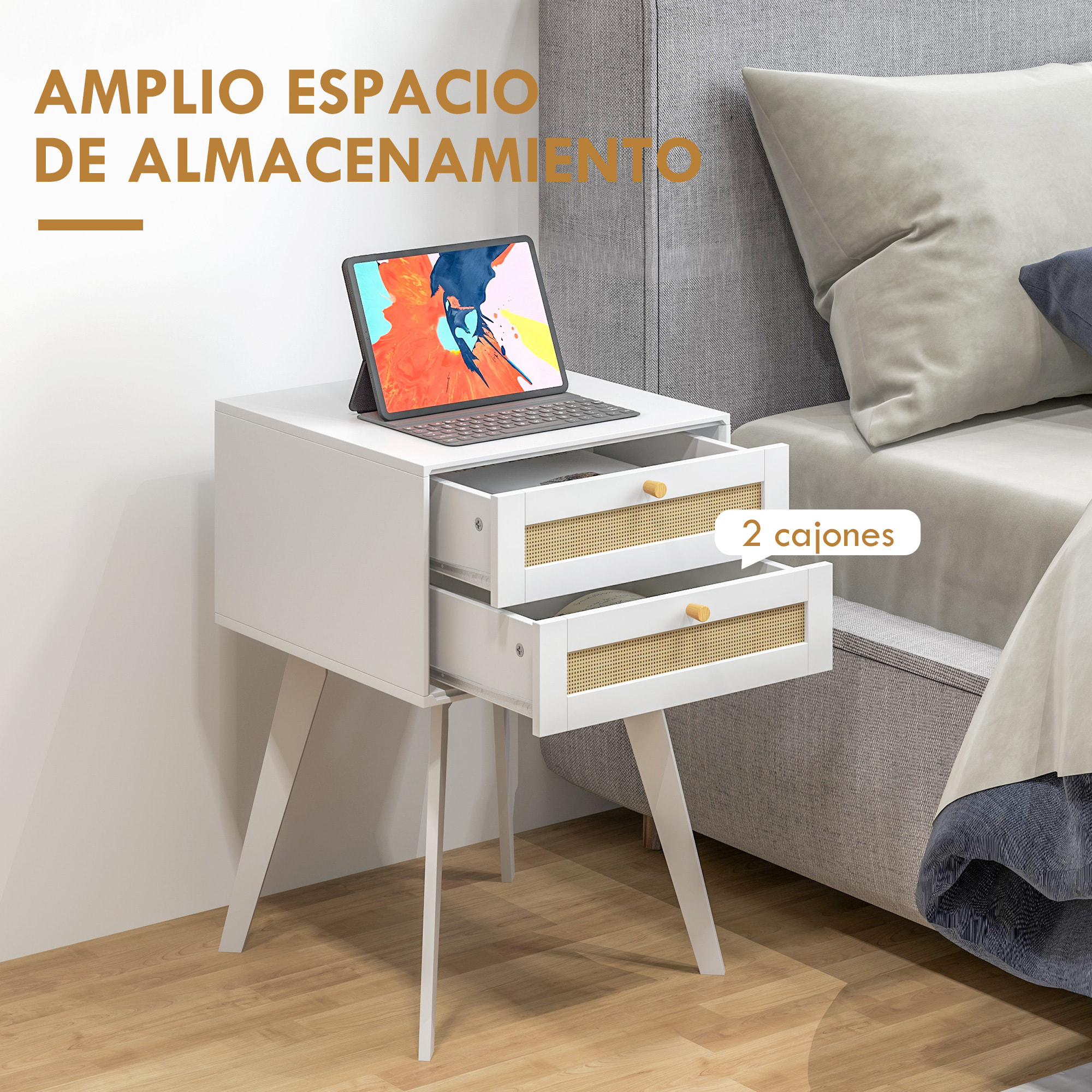 Conjunto para el Hogar Incluye 1 Mueble de TV 1 Mesa Consola 1 Banco Zapatero con Asiento y 1 Mesita Auxiliar con Elemento de Ratán Estilo Bohemio Blanco