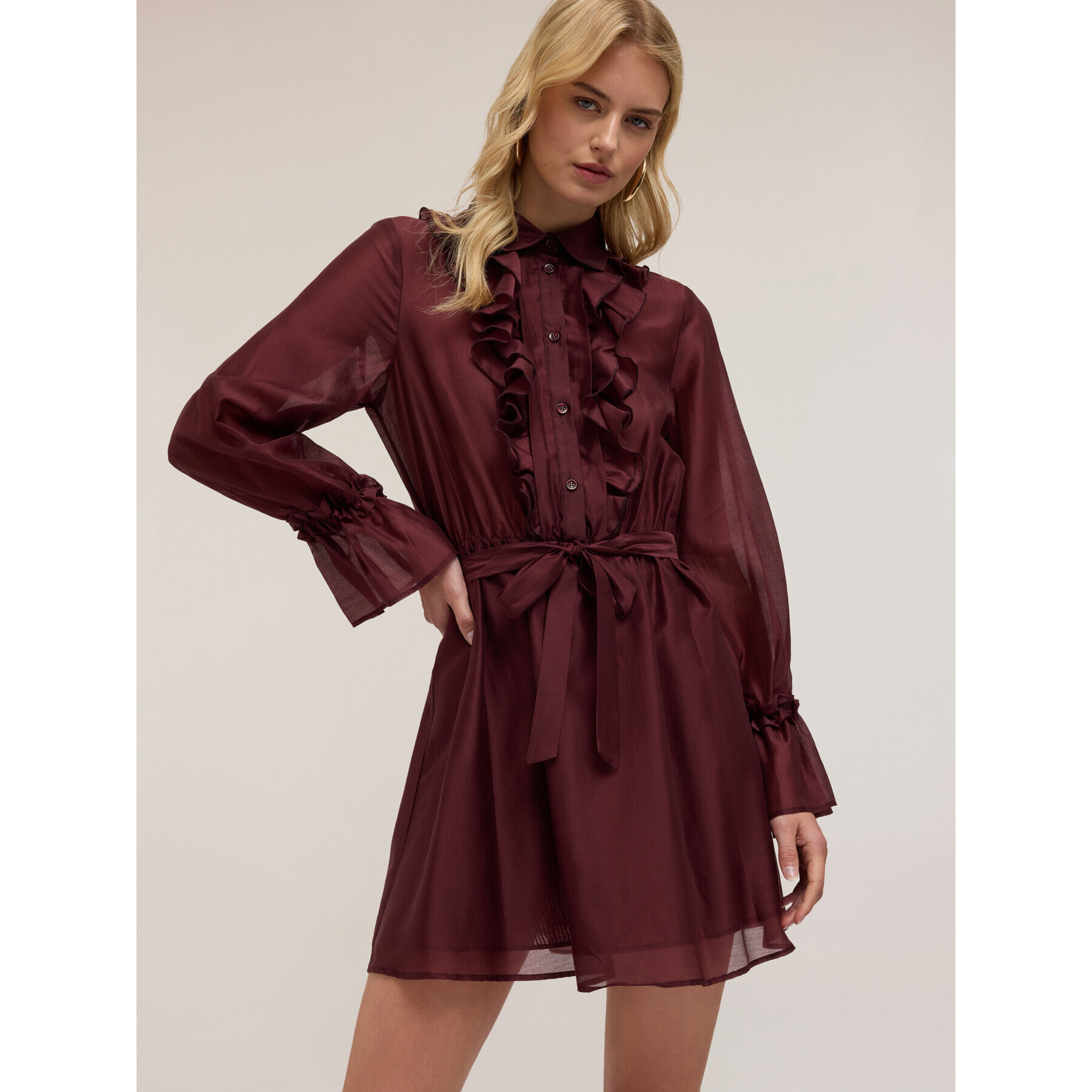 Motivi - Vestido camisero de velo con volantes - Burgundy
