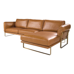 Sofá chaise longue Angel Cerdá derecha de 5 plazas tapizado en piel de origen vacuno en camel patas de acero inoxidable en dorado 302x166x84cm