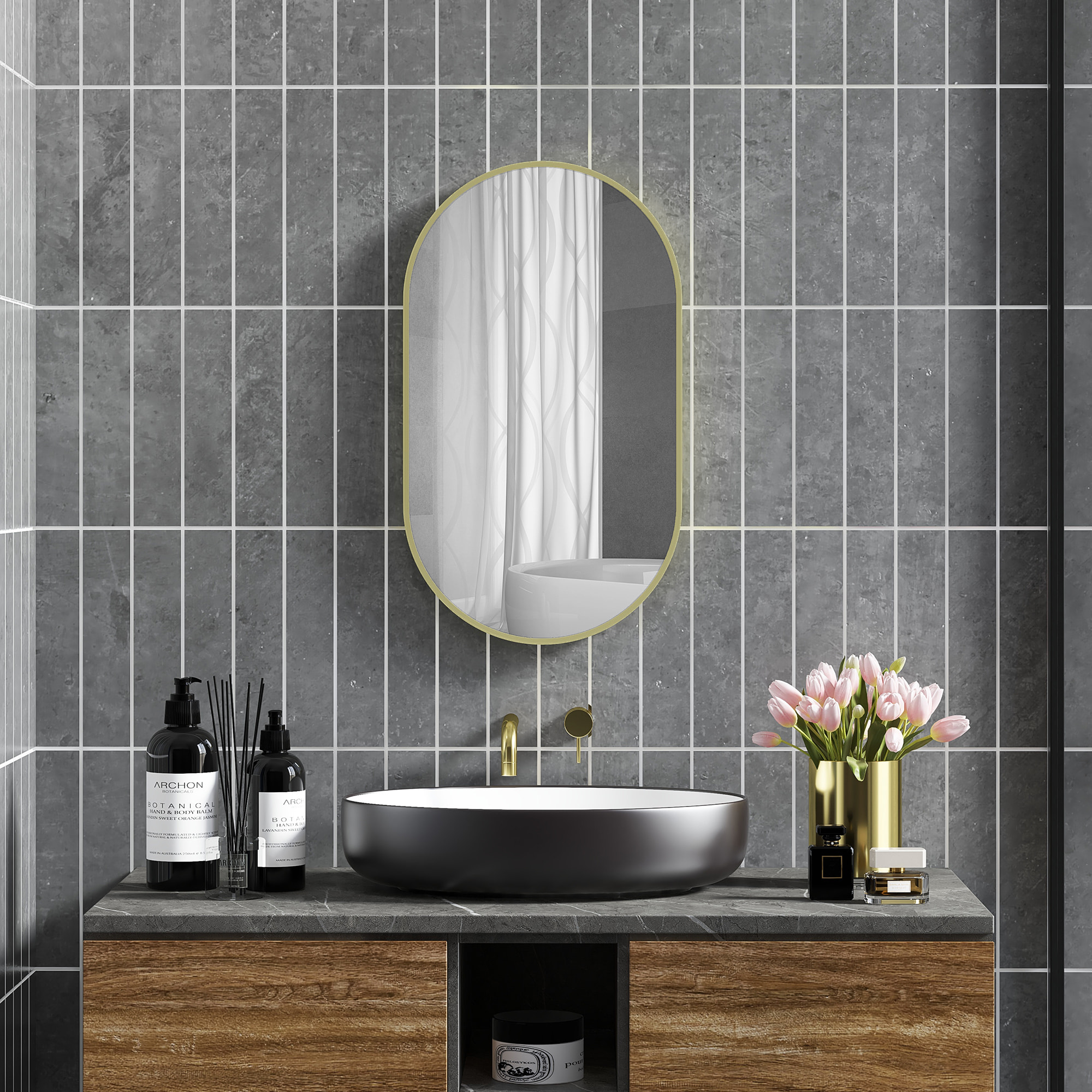 Miroir mural ovale dim. 40L x 70H cm cadre arrondi montage vertical/horizontal alu. doré