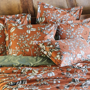 Taie d'oreiller satin de coton imprimé orange Fleurs d'oranger rouille