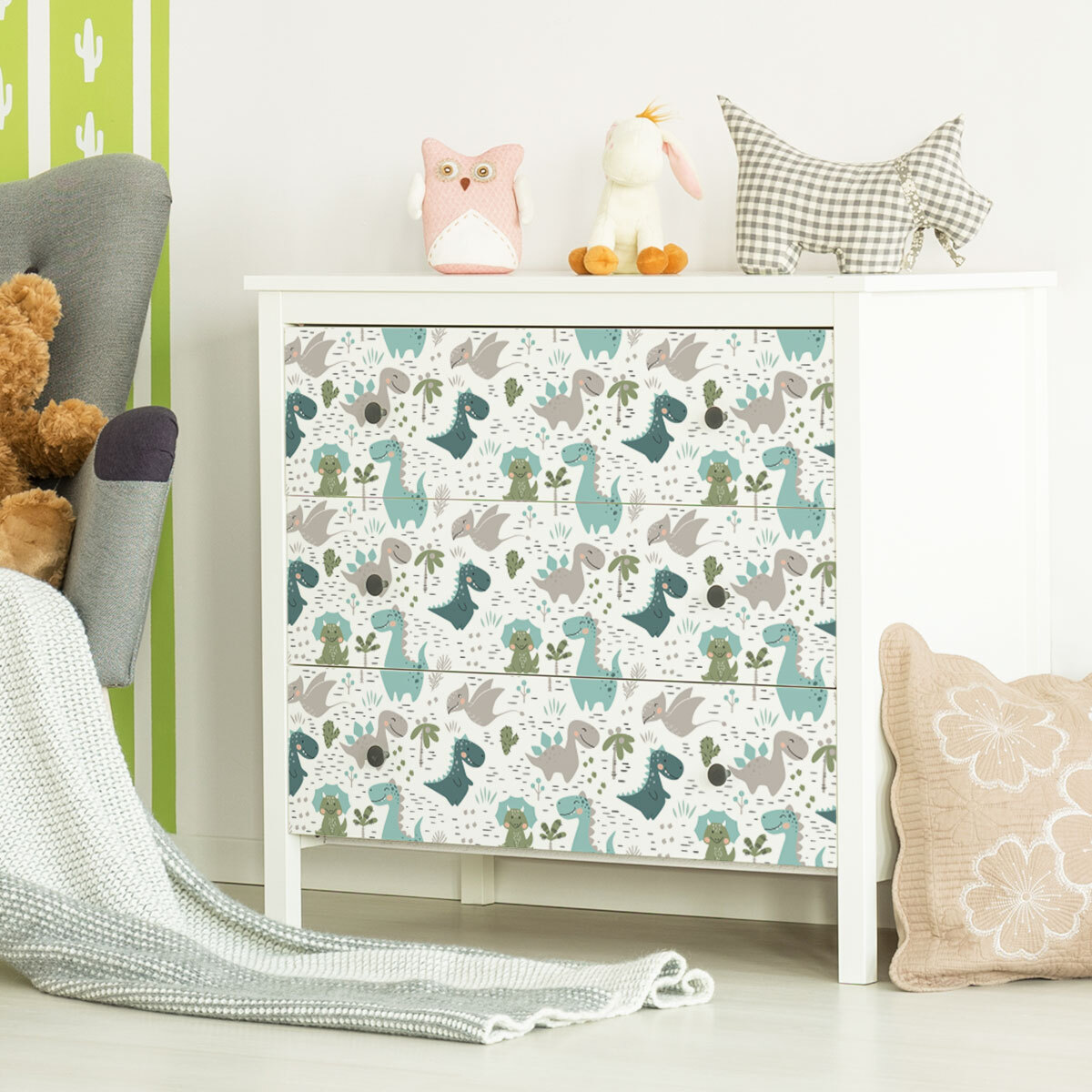 Rouleau revêtement adhésif vinyle au mètre - Sticker lavable Cuisine Meuble Armoire Porte - DINOSAURES EN FAMILLE