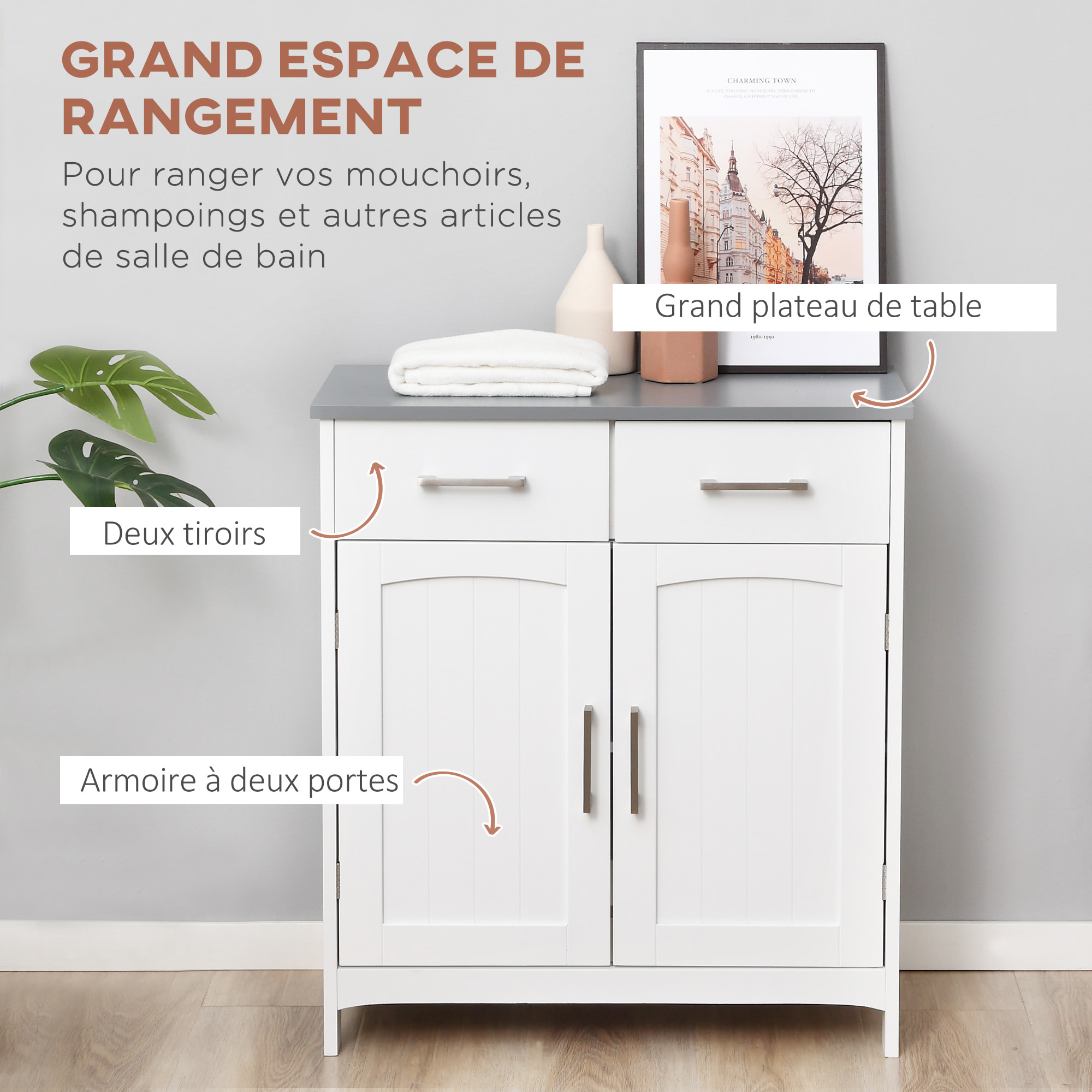 Meuble bas de salle de bain sur pied - 2 tiroirs, 2 portes, étagère - dim. 68 x 33 x 76 cm - blanc gris