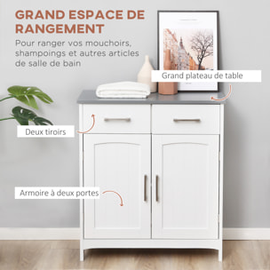 Meuble bas de salle de bain sur pied - 2 tiroirs, 2 portes, étagère - dim. 68 x 33 x 76 cm - blanc gris