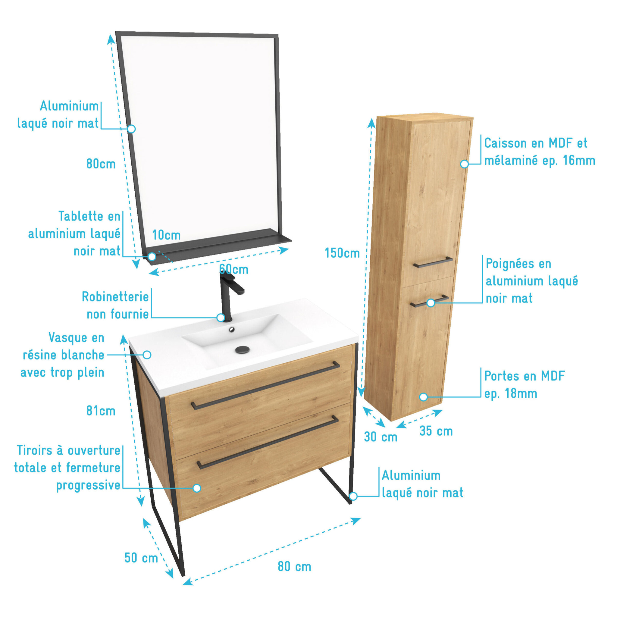 Pack Meuble SDB 80cm sur pieds 2 tiroirs Chene - Vasque resine blanche + Miroir + Colonne 150cm