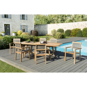 HARRIS - SALON DE JARDIN EN BOIS TECK 8/10 pers. 1 Table rect. extensible 180/240*100 cm 6 fauteuils empilables textilène taupe