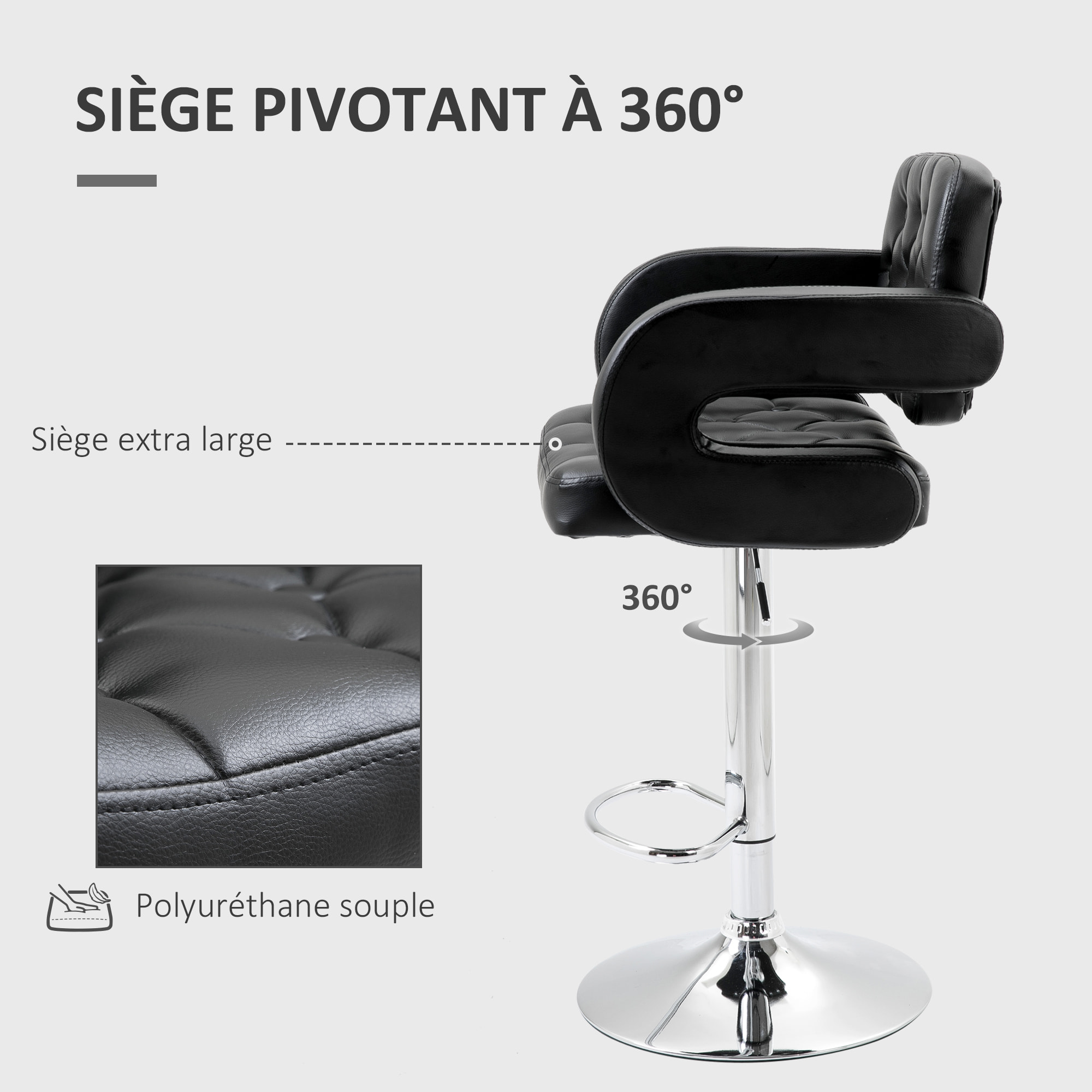 Tabouret de bar design Chesterfield - chaise de bar pivotante réglable grand confort - métal chromé noir
