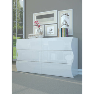 Comò ondulato, Made in Italy, Mobiletto per Soggiorno e Camera, Credenza 6 cassetti, colore Bianco lucido, cm 155x40h82