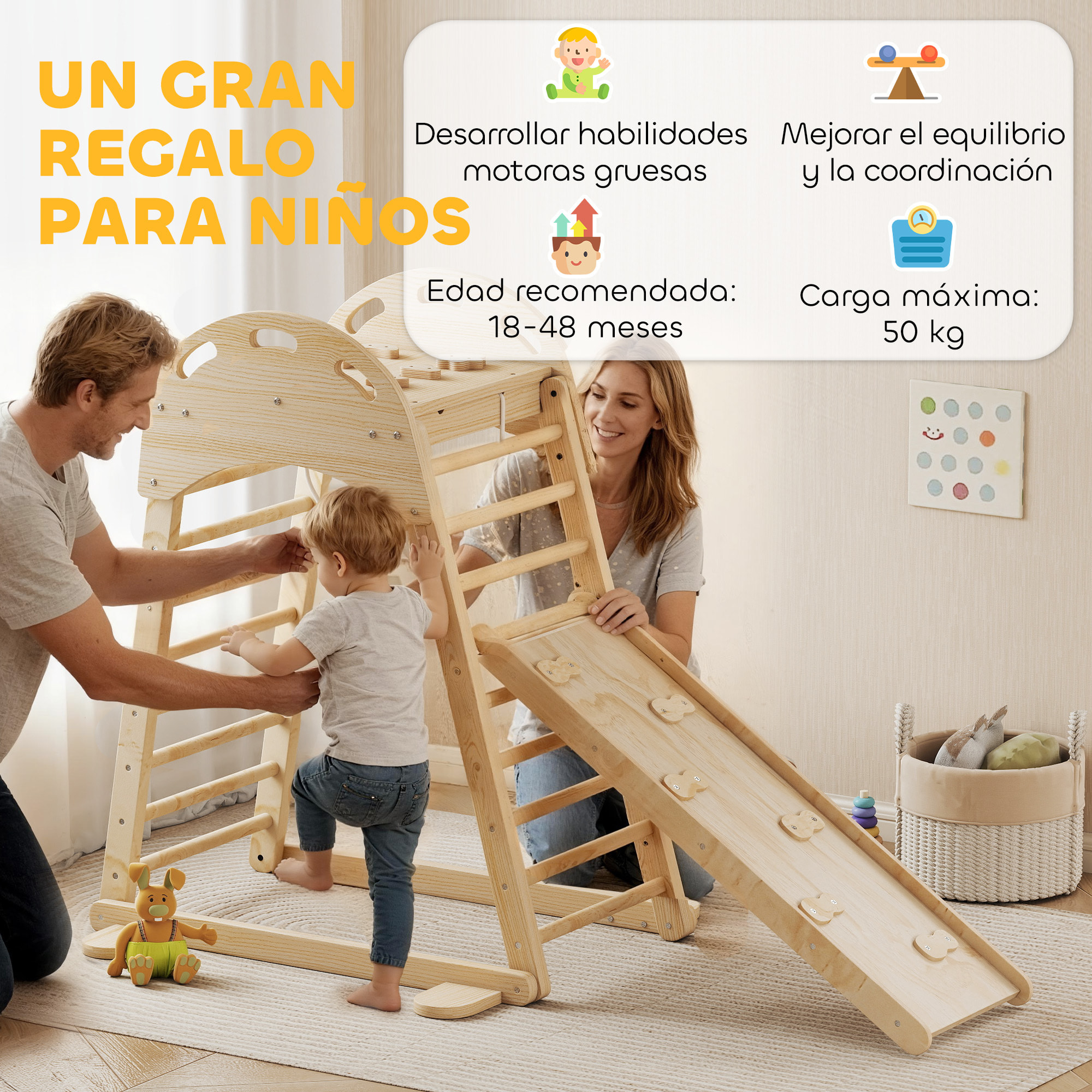 6 en 1 Triángulo de Escalada Montessori, Estructura de Escalada de Madera con Plataforma, Anillos y Tobogán, para Deslizarse o Escalar, para Niños de 18-48 Meses, Interiores, Natural