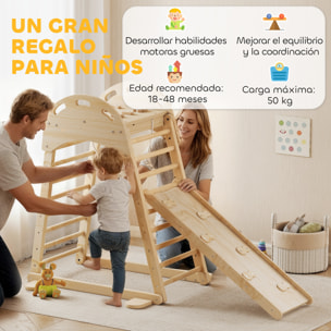 6 en 1 Triángulo de Escalada Montessori, Estructura de Escalada de Madera con Plataforma, Anillos y Tobogán, para Deslizarse o Escalar, para Niños de 18-48 Meses, Interiores, Natural