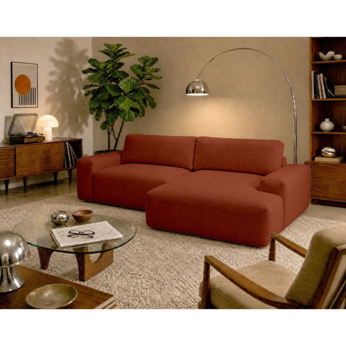 Tama - Canapé d'angle droit 4 places convertible avec coffre en tissu - Terracotta