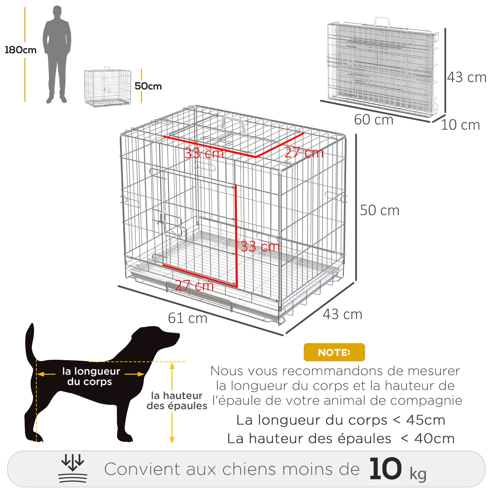 Cage pour chien pliable - plateau excrément coulissant - 2 portes verrouillable, poignée - dim. 61L x 43l x 50H cm - fer galvanisé PP blanc