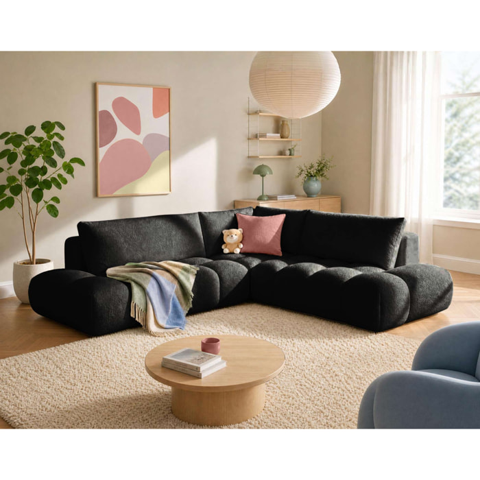 Yulin - Canapé d'angle L 5 places convertible avec coffre en tissu bouclette - Noir