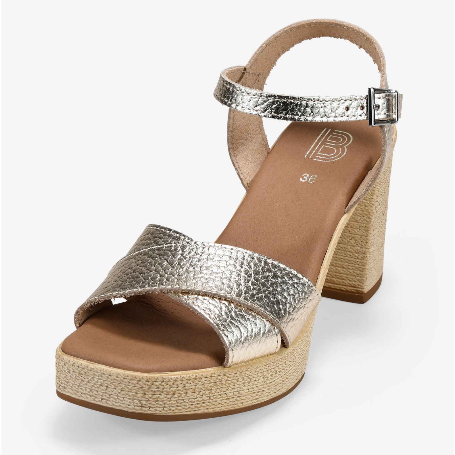 Sandalias doradas en piel con tacón efecto rafia