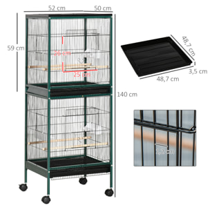 Grande cage à oiseaux sur pied à roulettes - volière double, mangeoires, perchoirs, plateau amovible - vert noir