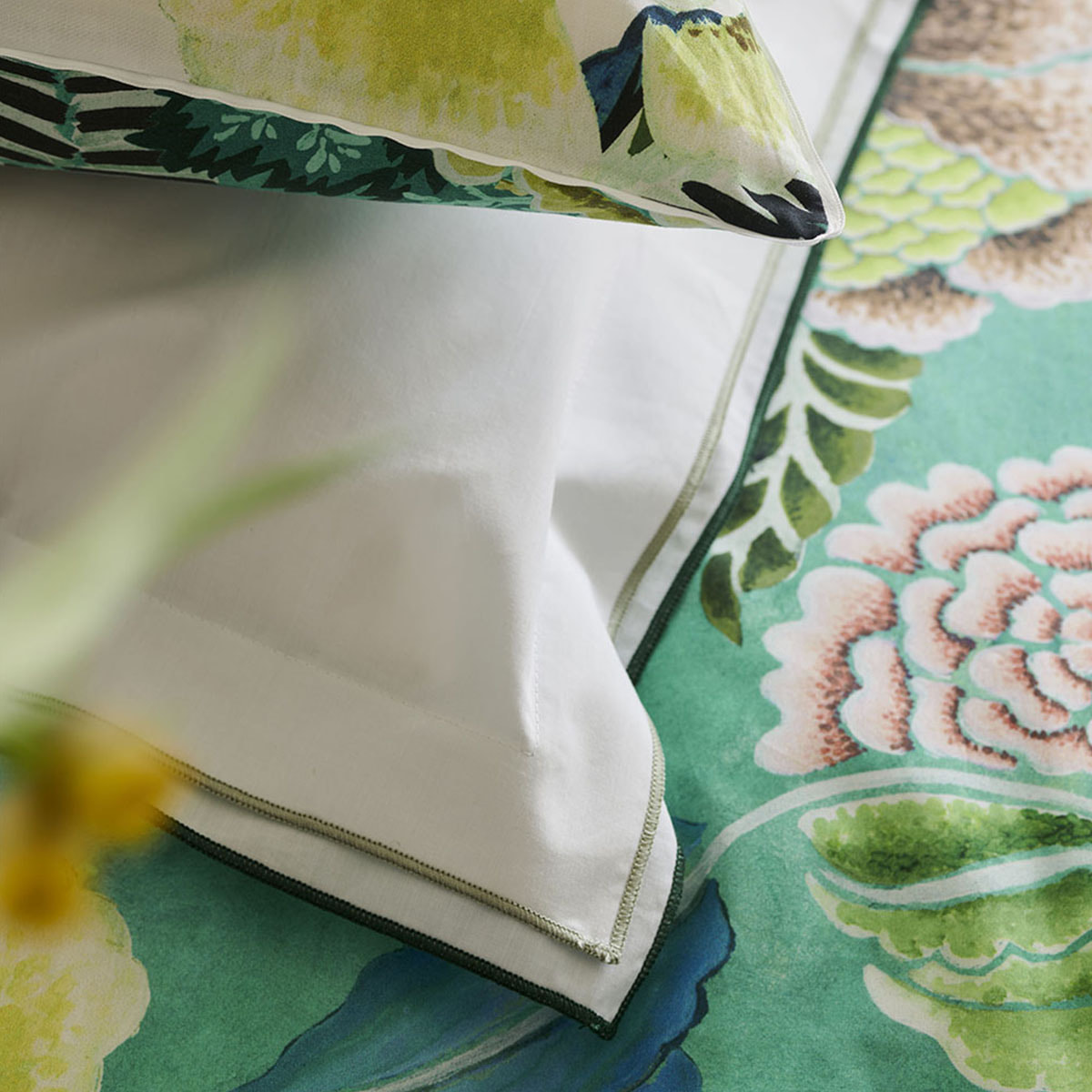 Housse de couette imprimée en percale de coton, ROSE DE DAMAS, Vert jade