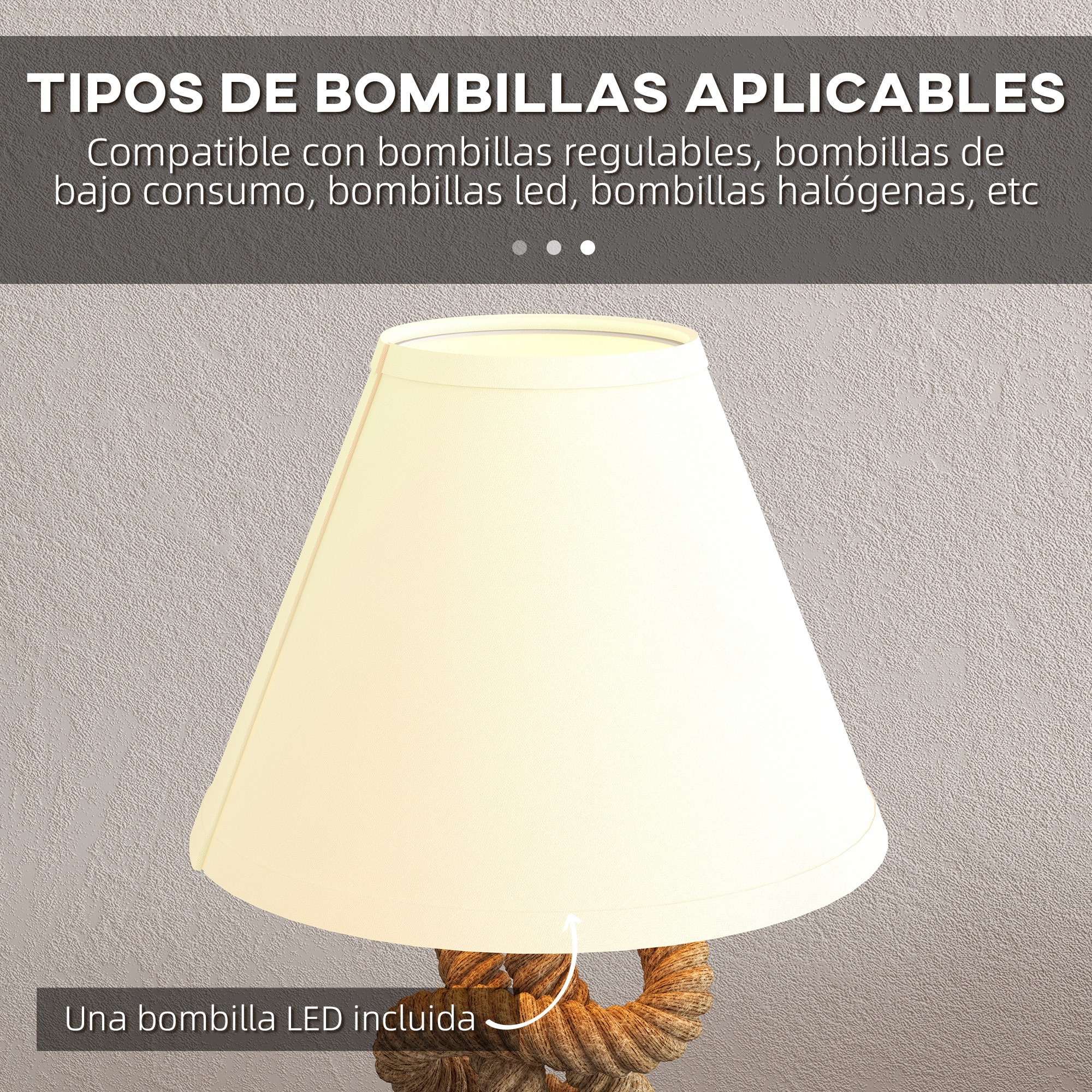 Lámpara de Mesa LED Lámpara de Mesita de Noche con Base de Metal Cuerda de Lino y Pantalla de Tela Bombilla E27 de Max.40W Luces de Blanco Cálido para Dormitorio Ø28x45,5cm Marrón y Beige