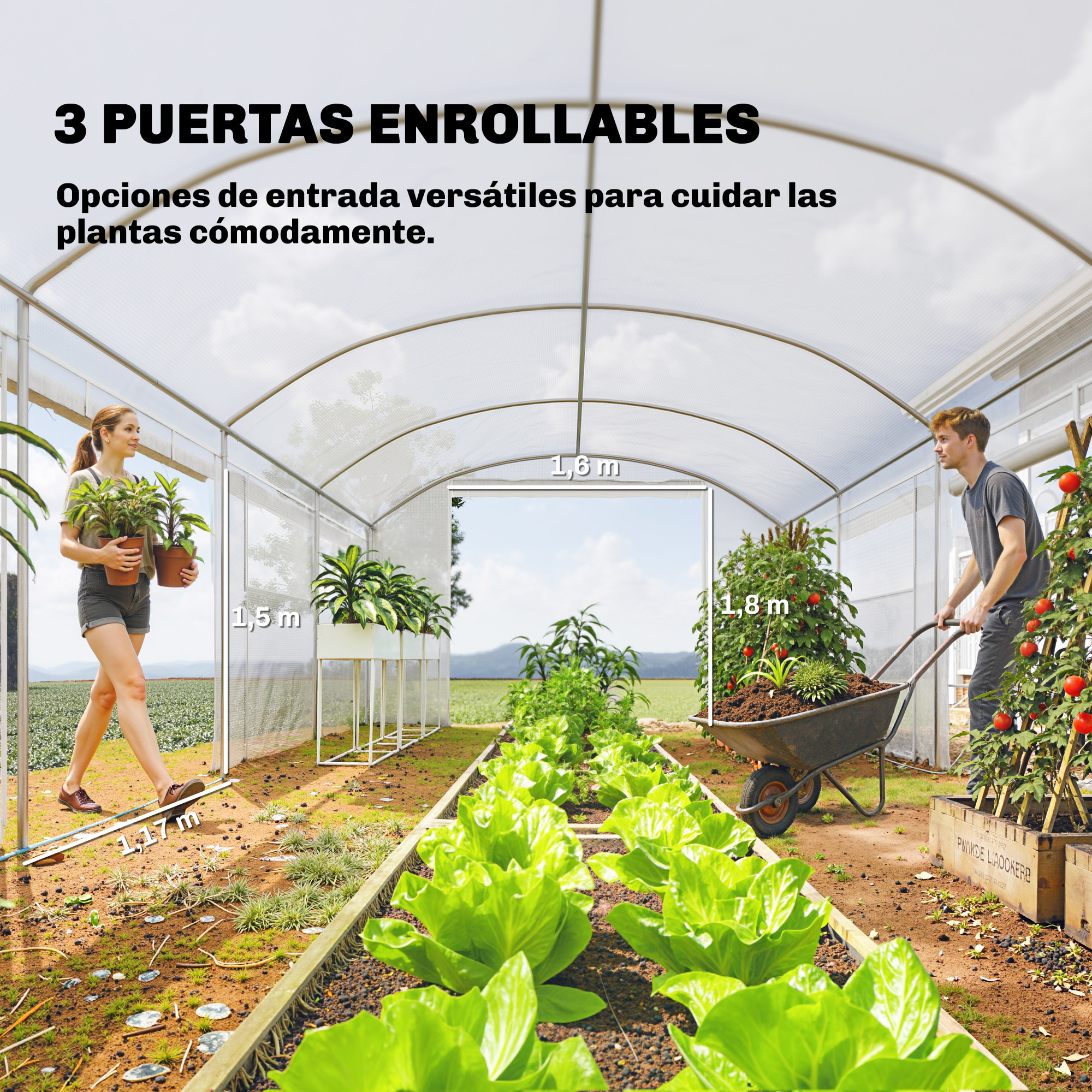 Invernadero de Exterior 6x3x2 m, Invernadero de Túnel con 3 Puertas Enrollables, Ventanas de Malla, Cubierta PE 140g/m² Anti-UV y Marco de Acero Galvanizado, para Cultivos, Plantas, Blanco