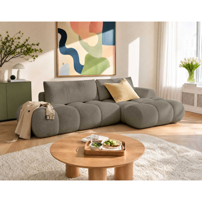 Yulin - Canapé d'angle ouvert droit 4 places convertible avec coffre en tissu bouclette - Taupe