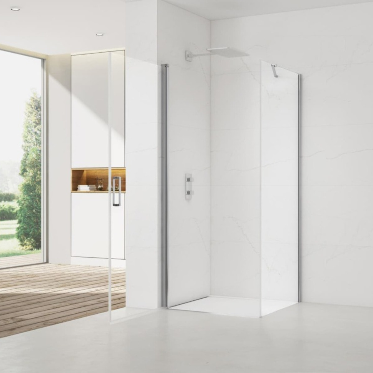 Fusion ensemble porte pivotante /paroi 100x100cm anticalcaire avec profilés chrome brillant (SATFUDP100S100-SET)