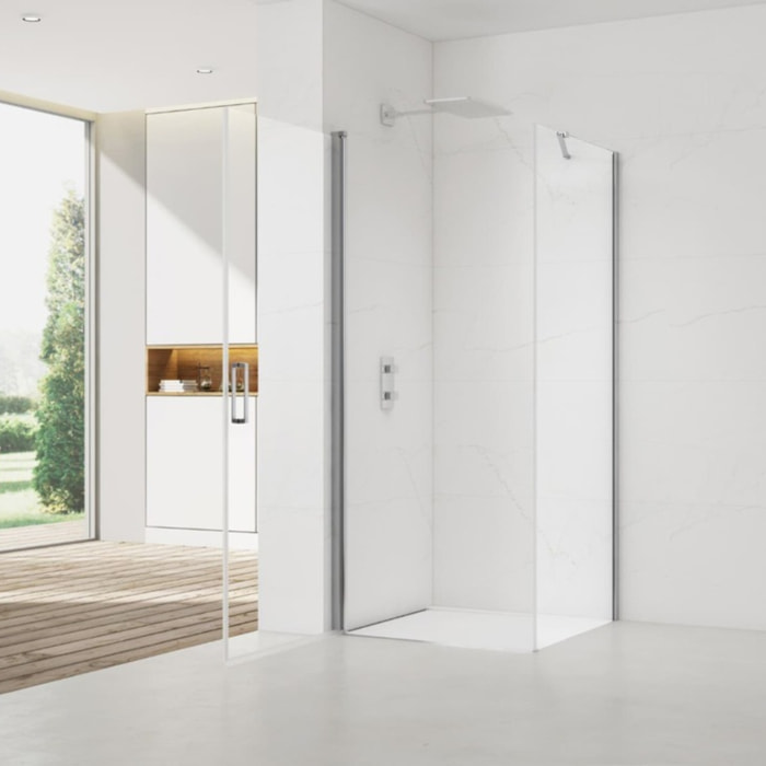 Fusion ensemble porte pivotante /paroi 100x100cm anticalcaire avec profilés chrome brillant (SATFUDP100S100-SET)