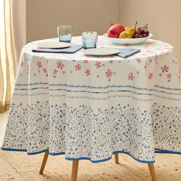 Mantel antimanchas redondo flores y hojas Tiler color azul 100% Algodón
