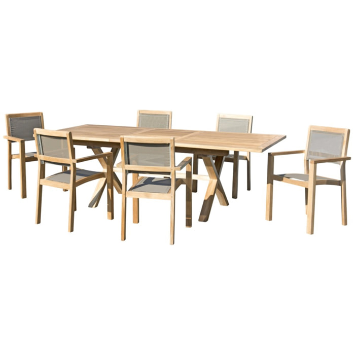 FUN - SALON DE JARDIN BOIS TECK 8/10 pers - 1 Table rect. extensible pieds croisés - 6 fauteuils empilables textilène taupe