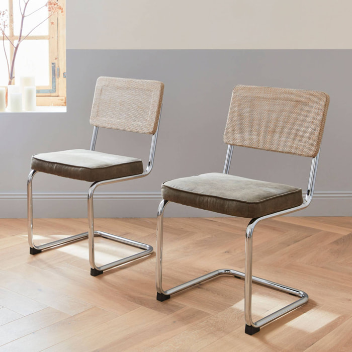 2 chaises cantilever - Maja - tissu kaki et résine effet rotin. 46 x 54.5 x 84.5cm