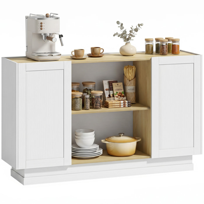 Aparador, Armario de Cocina Moderno con 2 Estantes Abiertos y 2 Puertas de Cierre Suave, Mueble de TV para 60 Pulgadas, Aparador para Salón, Comedor, 133x35x79,7 cm, Madera Natural y Blanco