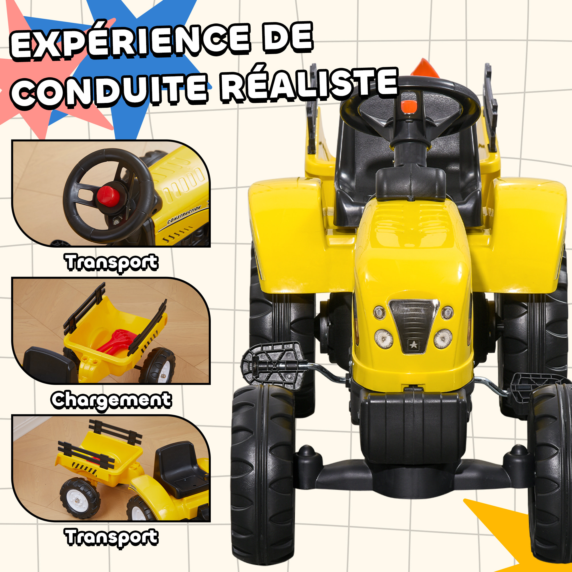 Porteur tracteur enfants avec remorque, râteau et pelle, tracteur à pédales 6 roues, charge 35 kg, pour 3+ ans, jaune